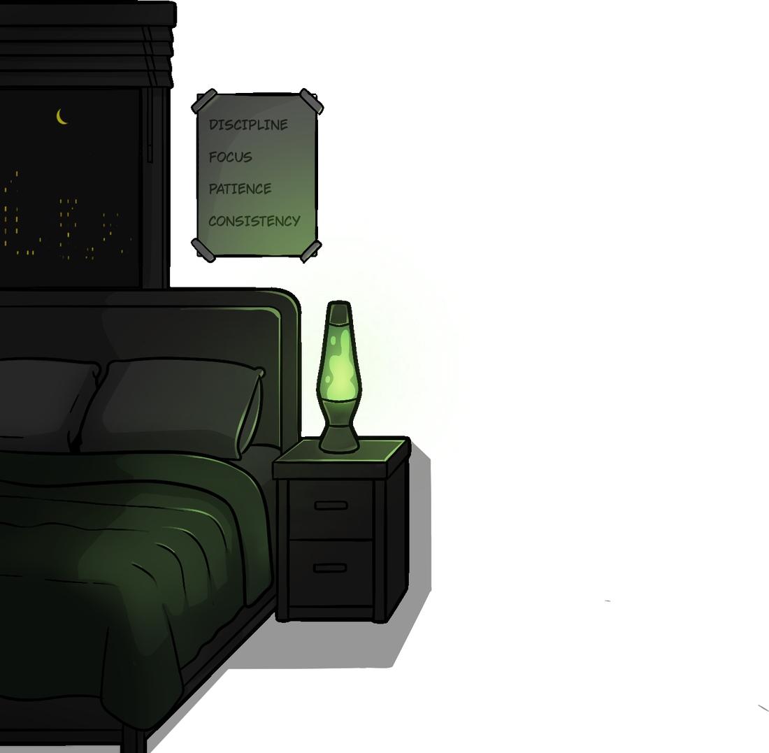 Illustration of a trader's room at night